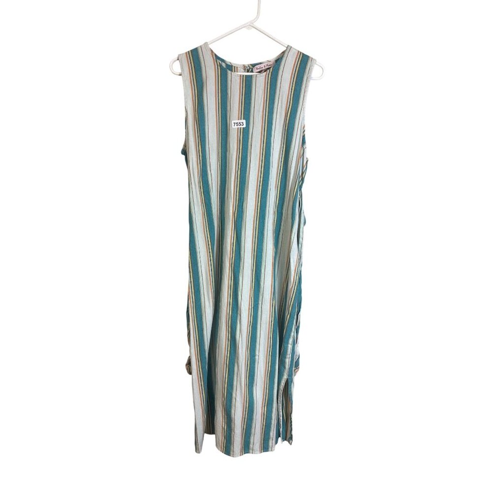 harlow and rose xlarge striped midi dress mix of teal white ochre vertical strip